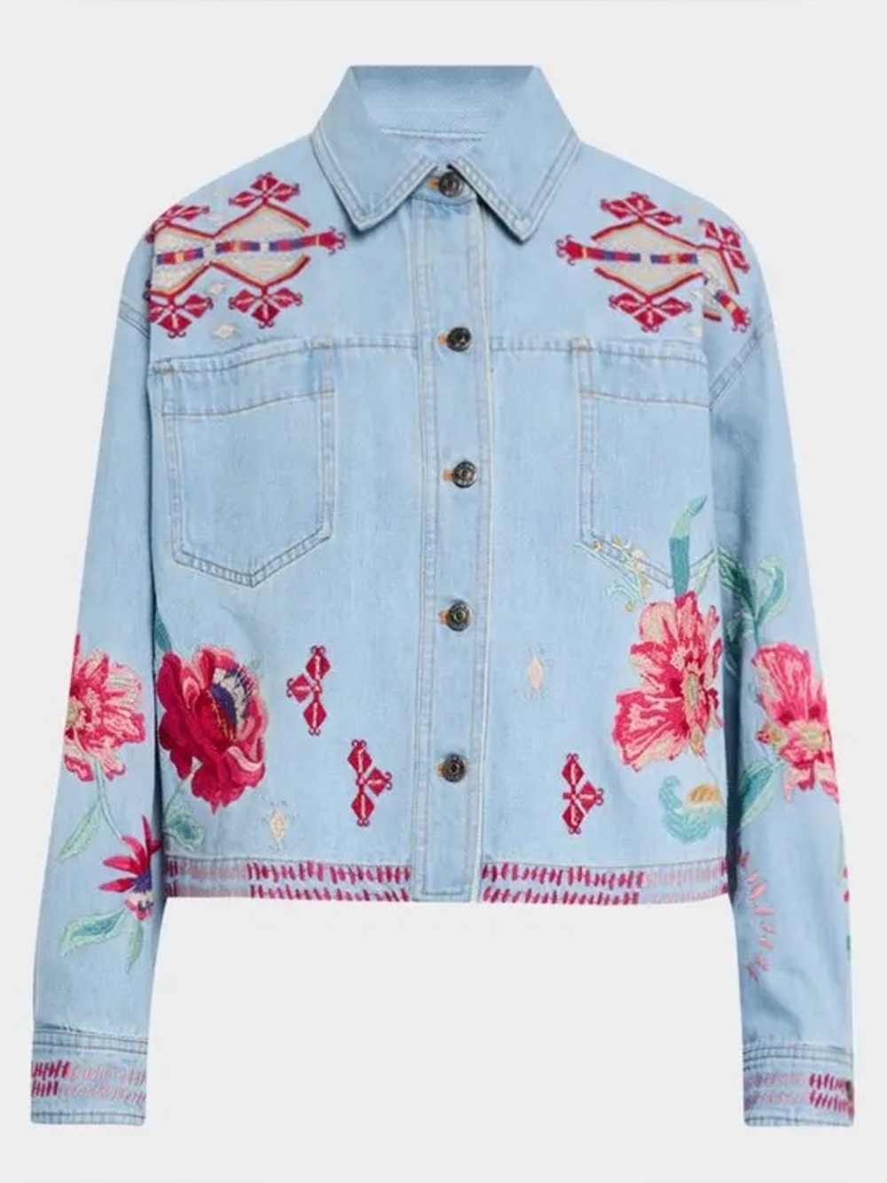 Johnny Was Floral Embroidered Boxy denim bohemian cottage core Jean Jacket Small